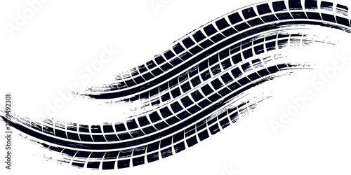 Tire track. Car, bike, motorcycle tyre mark with grunge effect isolated on white background. Wheel footprint on the road. Top view of rubber protector mark