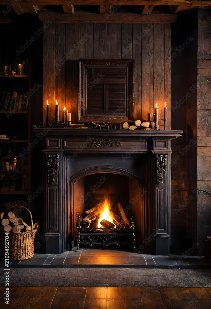 Obraz premium Cozy old wooden fireplace with burning fire and candles