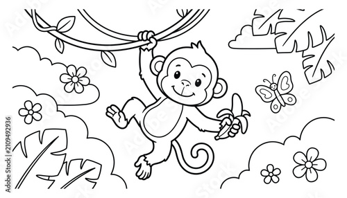 Sticker Whimsical Monkey Swinging with Banana amidst Tropical Foliage and Clouds Vector