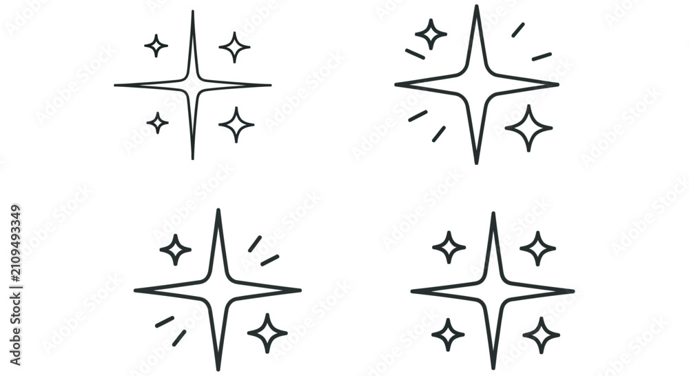 Fototapeta premium Sparkle Icons Set Black Line Art On Transparent Background stars