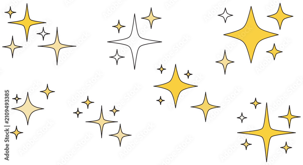 Obraz premium Yellow starbursts and sparkles flat vector illustration on a white background
