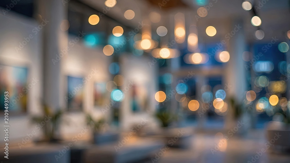 Obraz premium Blurred indoor lobby with warm bokeh lights and modern architectural elements.