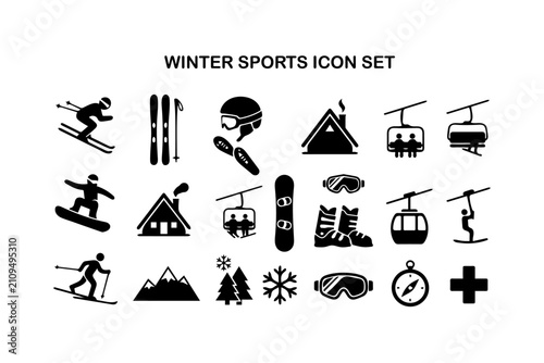 Winter sports and mountain resort icon set with snowboarding mountain snowboard vacation equipment