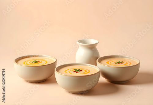 Three bowls of creamy soup ...