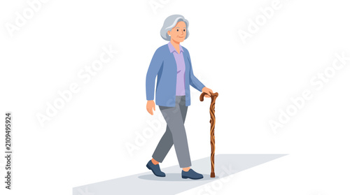 Elderly senior woman walking with a carved wooden cane for mobility support flat vector illustration.