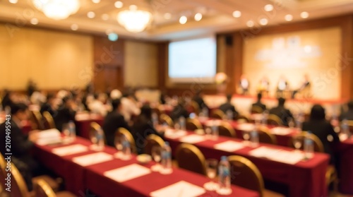 Blurred audience members sitting in rows at large corporate conference seminar inside hotel ballroom with stage lighting and projector screen background for professional business events