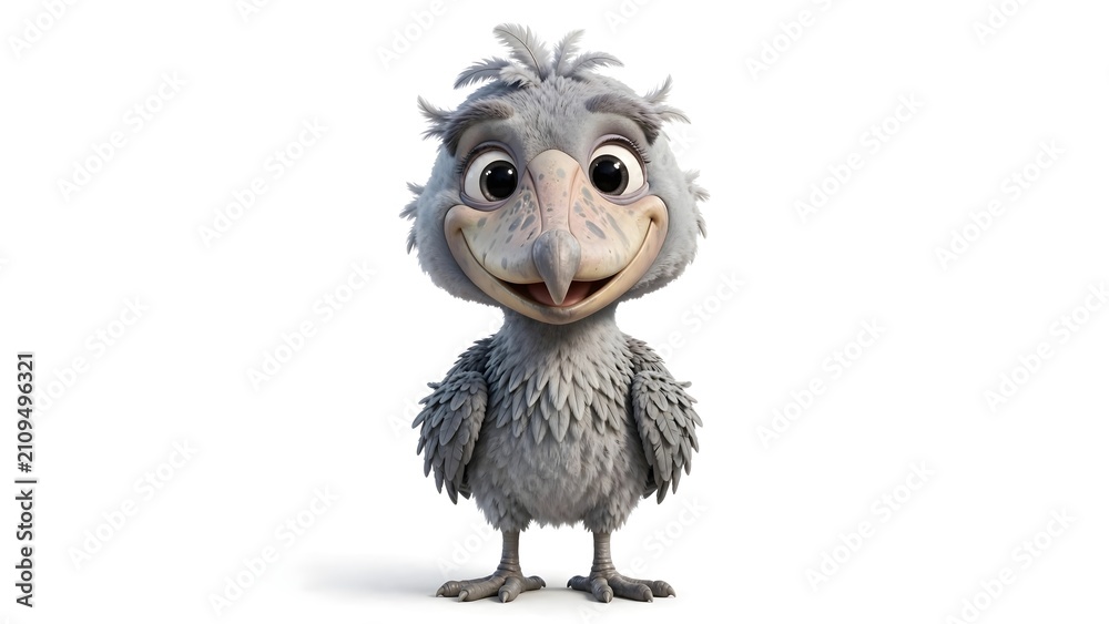 Fototapeta premium Adorable full body baby shoebill with large beak and expressive eyes in a realistic 3D cartoon style isolated on a white background.