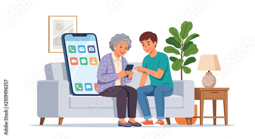Young man helping grandmother learning to use mobile phone app in living room flat vector illustration.