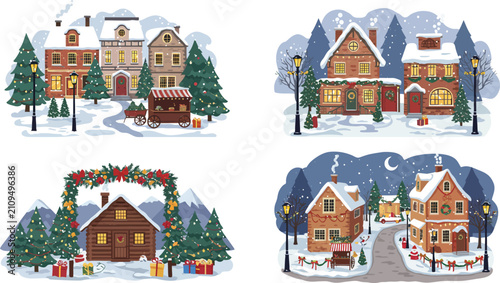 A collection of four charming watercolor illustrations featuring cozy winter houses decorated for the festive christmas and holiday season celebrations