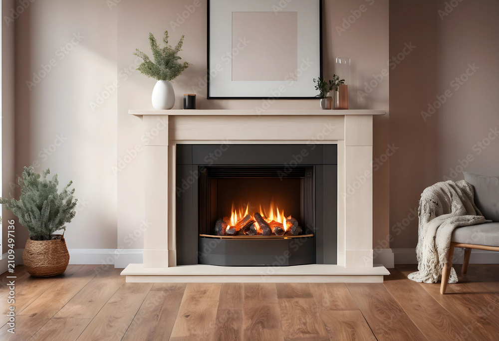 Obraz premium Modern indoor fireplace with warm flames and cozy decor