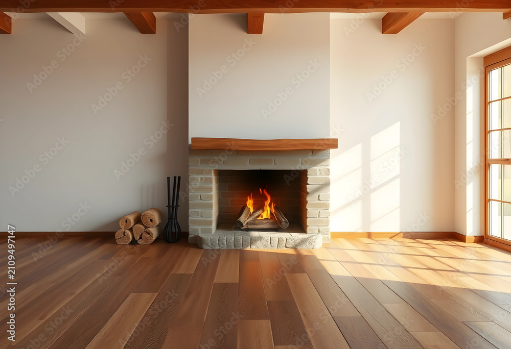 Obraz premium Modern indoor fireplace with burning fire and wooden floor