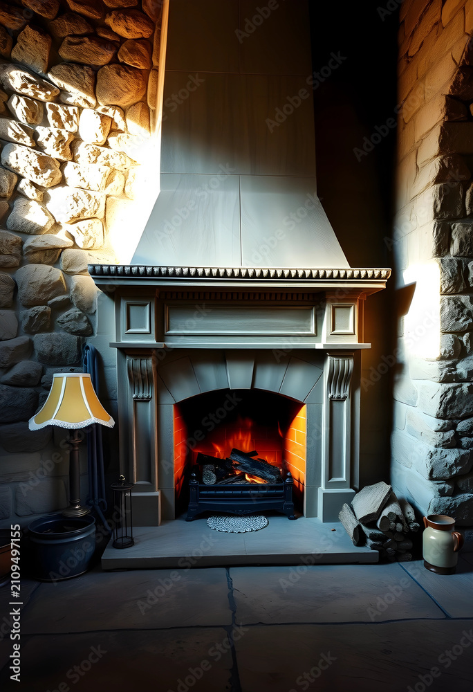 Obraz premium Cozy old stone fireplace with burning fire indoors