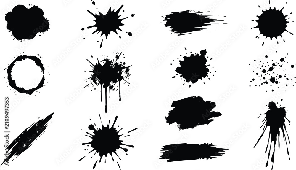 Fototapeta premium Grunge black ink splatters and paint drips, set of 12 vector brush strokes and liquid splashes, artistic ink blot collection for graphic design