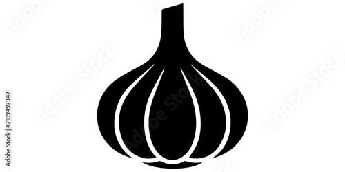 Konstfotografi Detailed black silhouette of a fresh garlic bulb with roots and stem isolated on a white background, perfect for culinary designs, organic food labels, or healthy cooking icons