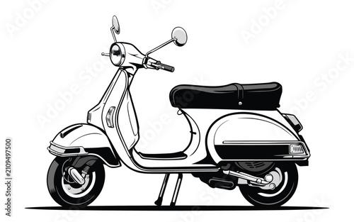 Vintage scooter vector illustration classic motor scooter outline line art black and white retro motorcycle urban transport vehicle design element