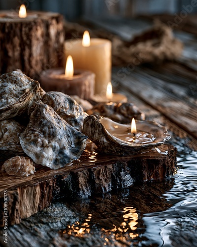 Rustic Ocean Ambiance with Candles, Shells, and Sparkling Water