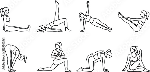 Quadro su tela Minimalist yoga poses line art set, 8 pilates exercise icons in EPS format, blac