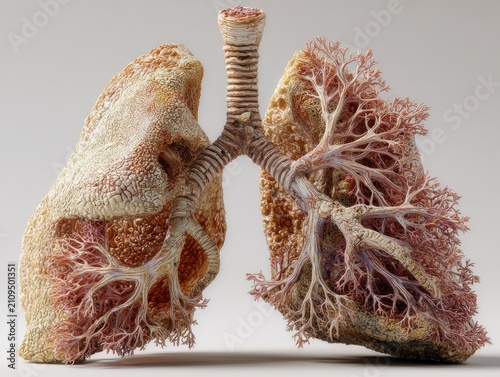 Anatomical model of human lungs with intricate bronchial structure