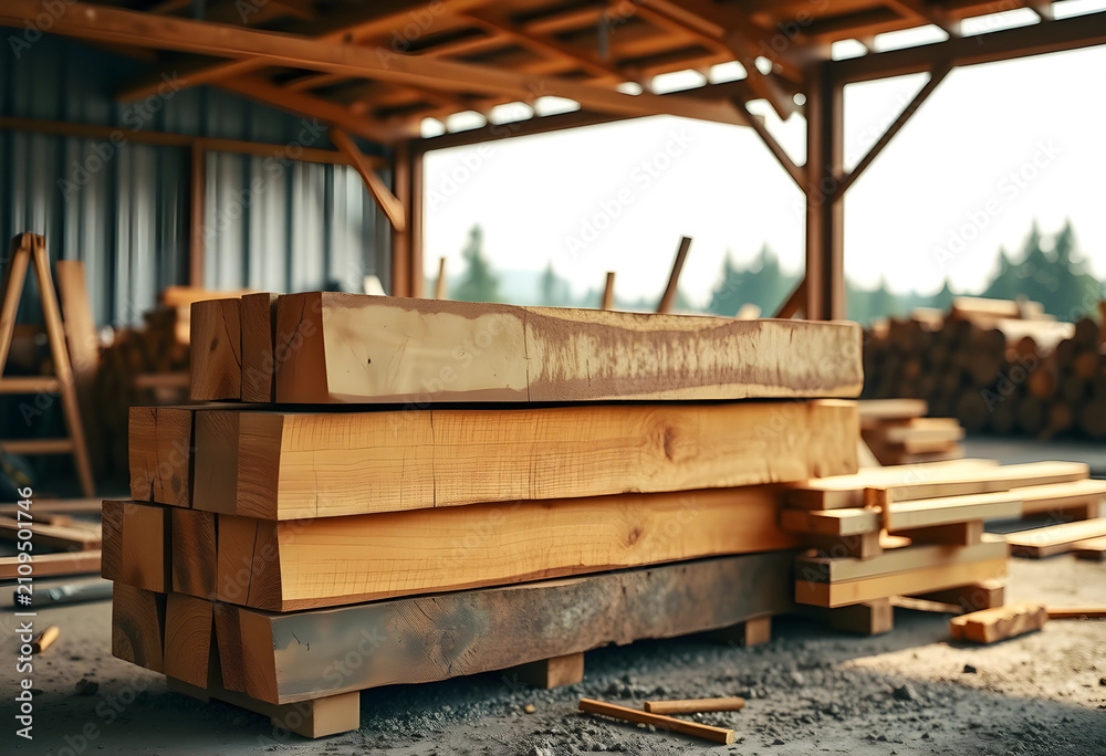 Fototapeta premium Stacked lumber at sawmill under wooden shelter