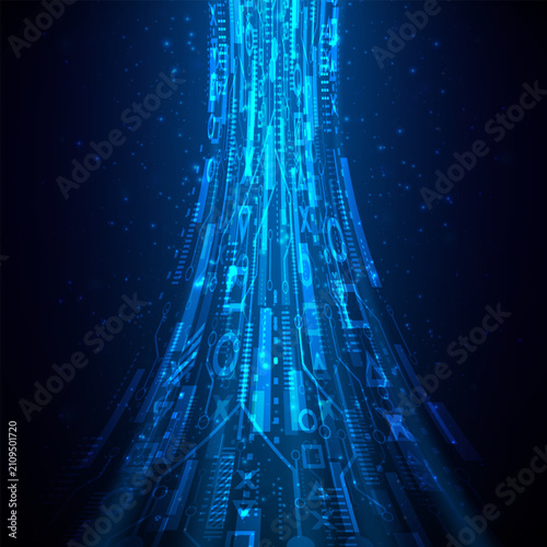 Blue glowing lines with glitter light effect on dark background. High speed internet technology concept or fast wireless data transmission. modern internet network connection technology background
