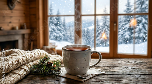 Warm tea on a wooden table, winter background.