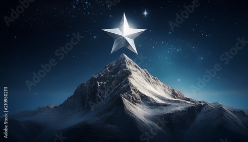 Silver Star Rises Above Silver Hill At Night Luminous Single Star Over Textured Mountain Peak