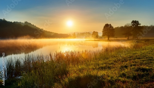 Fog Over A Lake Morning Sunlight Morning Haze Over A Lake Or River