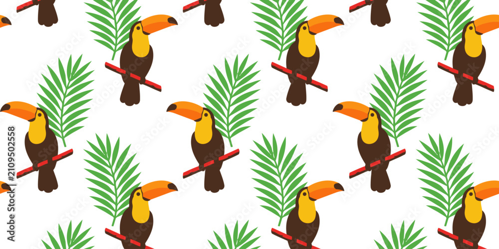 Fototapeta premium tropical toucan seamless pattern with palm leaves and exotic birds