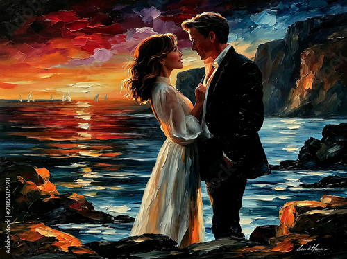 Romantic couple standing on a rocky shore at sunset, looking into each others eyes, impressionistic oil painting style with vibrant colors and textured brushstrokes, ocean background with sailboats