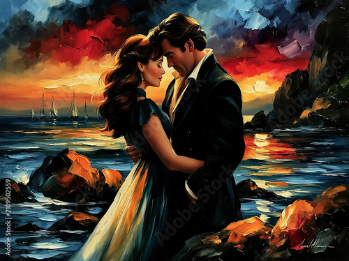 A romantic couple embracing on a rocky coastline at sunset with sailboats in the distance, oil painting style with vibrant colors and expressive brushstrokes capturing a tender moment of love