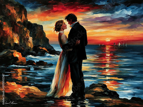 Romantic couple standing on a rocky shore at sunset, embracing while looking into each others eyes, oil painting style with vibrant colors, dramatic sky, and ocean waves reflecting the sun