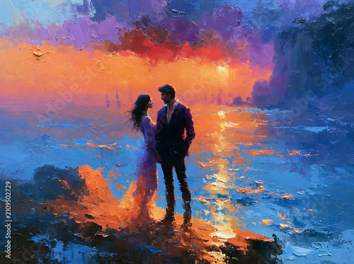 Romantic couple standing on a rocky shore at sunset, looking at each other with a vibrant, textured oil painting style, capturing a serene and passionate atmosphere by the sea