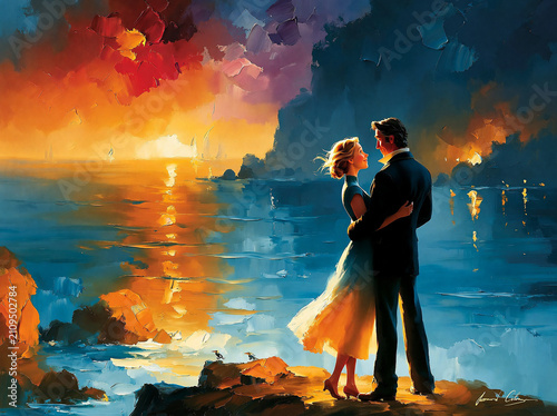 A romantic couple standing on a rocky cliff overlooking a serene ocean at sunset, with vibrant orange and purple clouds reflecting on the water, oil painting style