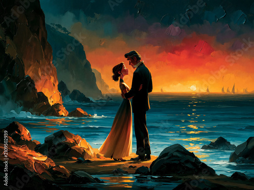 Romantic couple standing on a rocky beach at sunset, gazing into each others eyes with a dramatic ocean landscape and golden light, oil painting style illustration