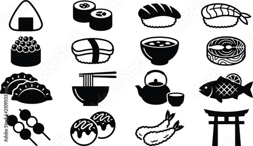 Foto Set of japanese food icons including sushi, ramen, and tempura