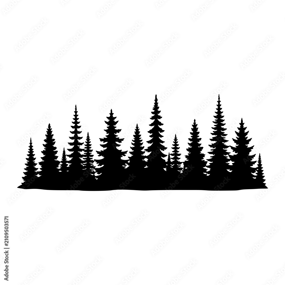 Obraz premium forest tree line silhouette black silhouette vector illustration, simple flat clipart design isolated on white background