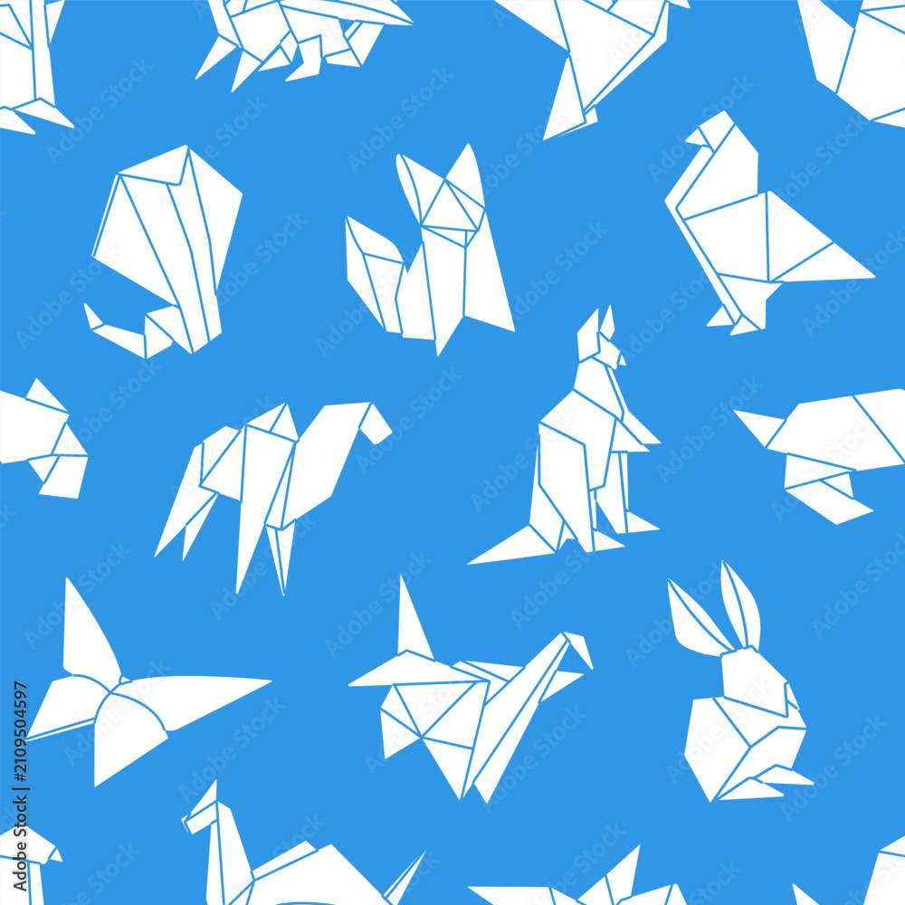Obraz premium Repeatable pattern of white origami animals. Endless background of Asian figures from folded paper, craft cranes, birds, fox and dragons. Design of wrapping. Flat seamless vector illustration