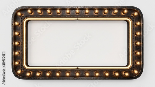 Vintage rectangular marquee sign with glowing light bulbs isolated on white background