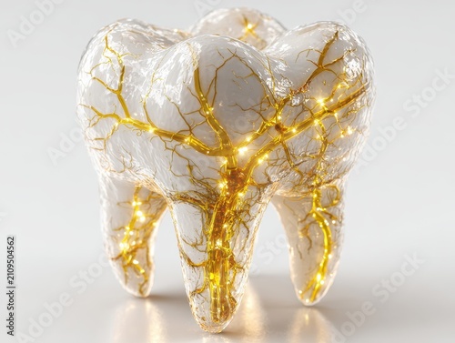 Conceptual illustration of a tooth with glowing golden nerves