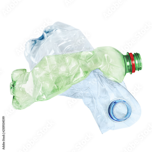 Crushed green and blue plastic bottles on transparent background.