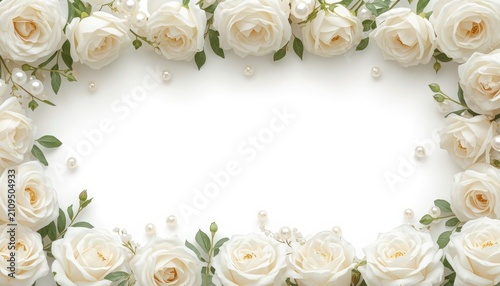 White rose floral frame with pearls. Elegant wedding border with flowers on white background.