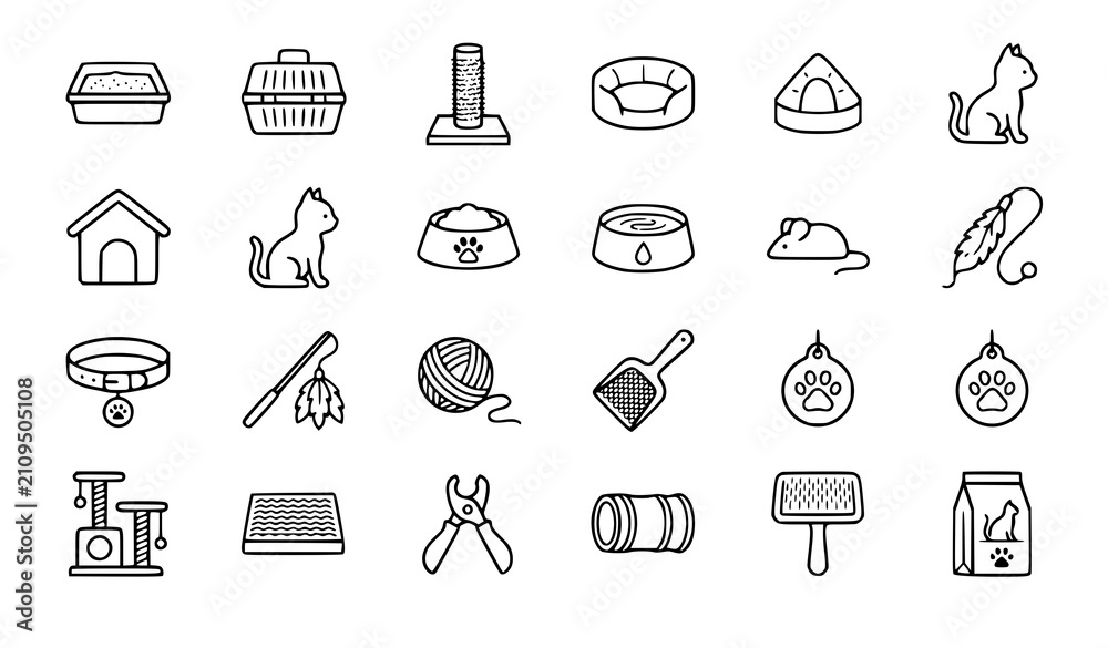 Naklejka premium Cat Care and Pet Supplies Line Icons Set