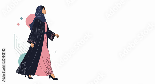 Muslim woman vector illustration with stylish abaya and hijab walking on isolated background. Modern Muslim woman vector portrait showing traditional dress and modest fashion.