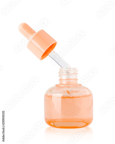Glass serum bottle with open dropper cap for cosmetic skin care product packaging mockup design