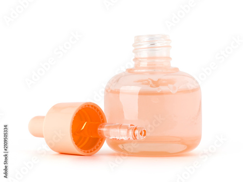 Glass serum bottle with open dropper cap for cosmetic skin care product packaging mockup design