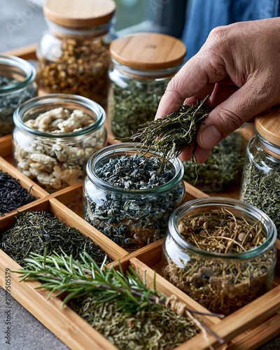 Hand Selects Dried Herbs from Jars on Wooden Tray for Natural Medicine