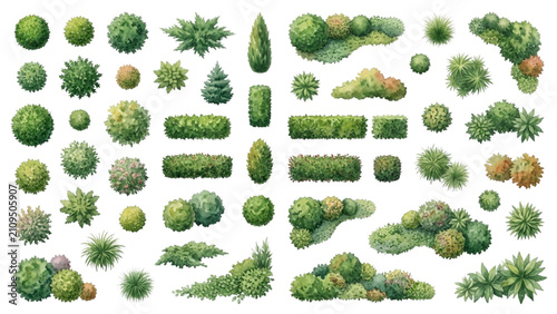 Architectural Top View Watercolor Landscape Plant Symbols Vector Collection Set