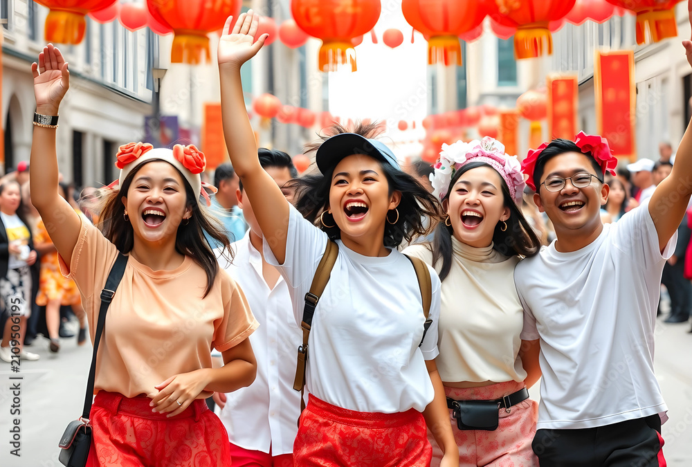 Fototapeta premium Happy group celebrating Chinese New Year parade outdoors