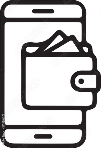 Mobile digital wallet icon line art representation for online payment systems