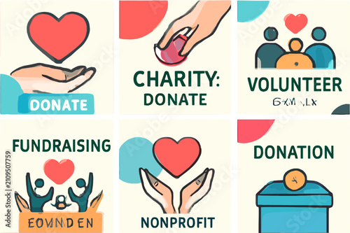Quadro su tela A grid of six illustrations depicting concepts of charity, donation, volunteering, fundraising, and nonprofit organizations with hands, hearts, and people